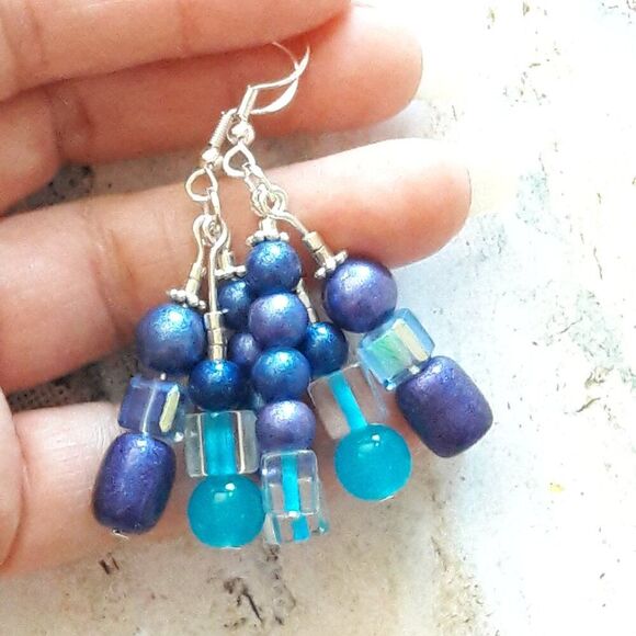 Artisan earrings  421# Blue fringe dangle earring Purple earrings multi color - Picture 1 of 4